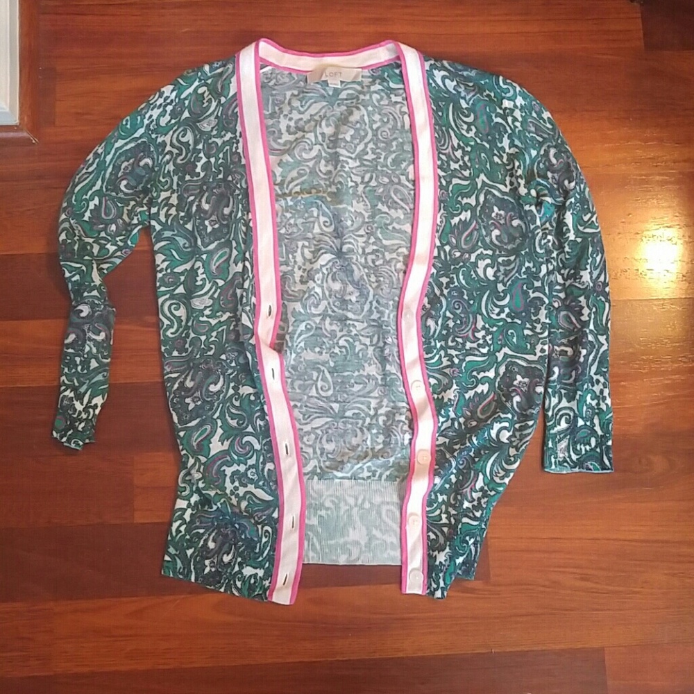 Loft sheer teal and pink cardigan